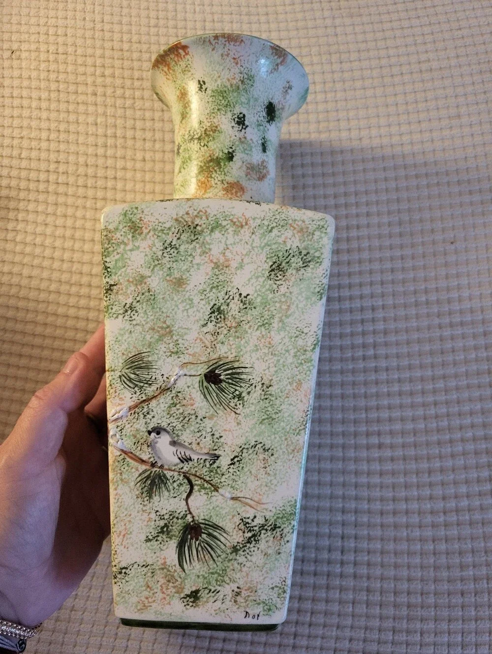 Oriental looking Hobbyist Vase Green/brown w/birds and branches
